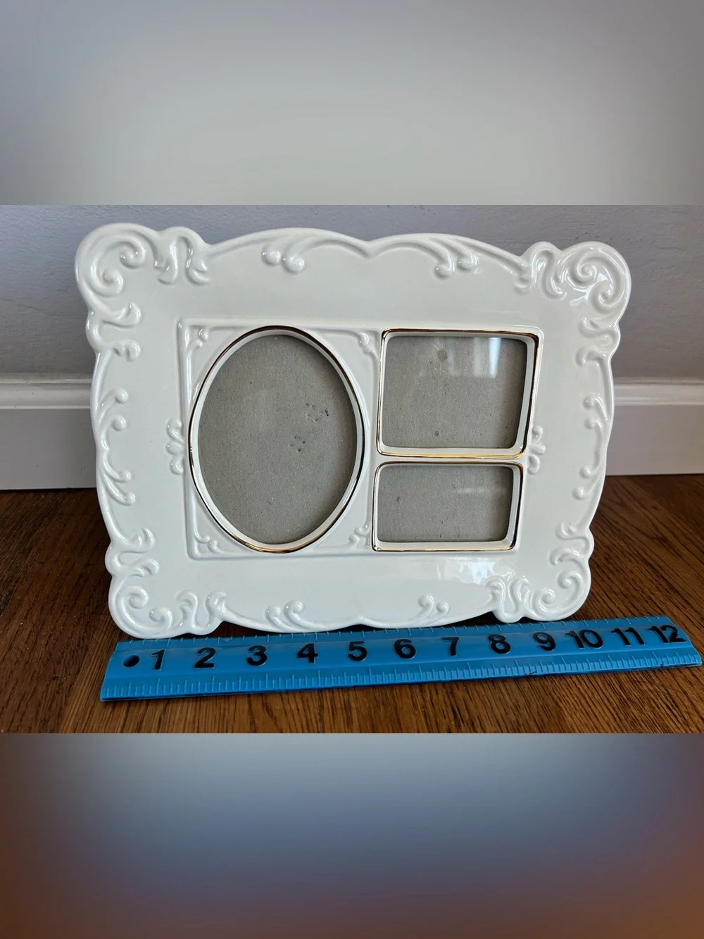 Vintage White Ceramic Collage Frame | Gold Trim, Embossed Scrollwork, Triple Pic